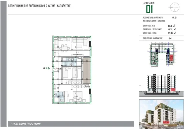 Tirane, shitet apartament 2+1+Ballkon Kati 0, 97 m² (Tabi Construction)