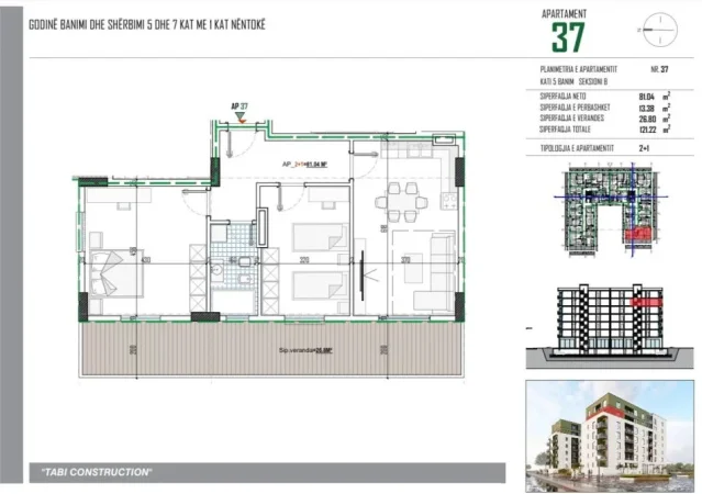 Tirane, shitet apartament 2+1+Ballkon Kati 5, 121 m² (Tabi Construction)