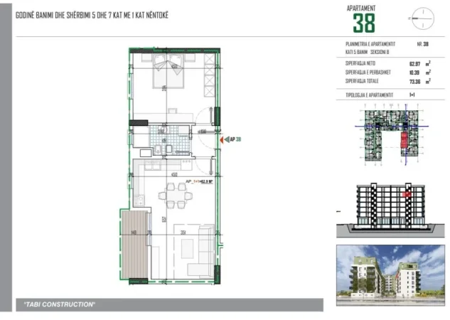 Tirane, shitet apartament 1+1+Ballkon Kati 5, 73 m² (Tabi Construction)