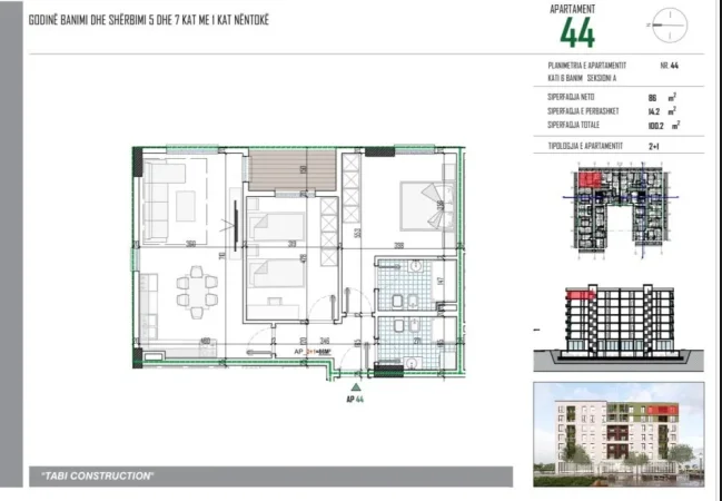 Tirane, shitet apartament 2+1+Ballkon Kati 6, 100 m² (Tabi Construction)