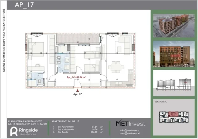 Tirane, shitet apartament 2+1 Kati 3, 106 m² 116.688 € 