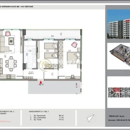 Tirane, shitet apartament 2+1 Kati 8, 97 m² 79.000 € (Kamez)