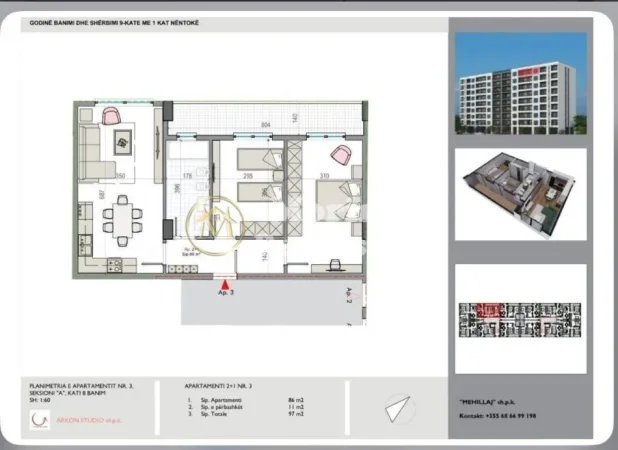 Tirane, shitet apartament 2+1 Kati 8, 97 m² 79.000 € (Kamez)