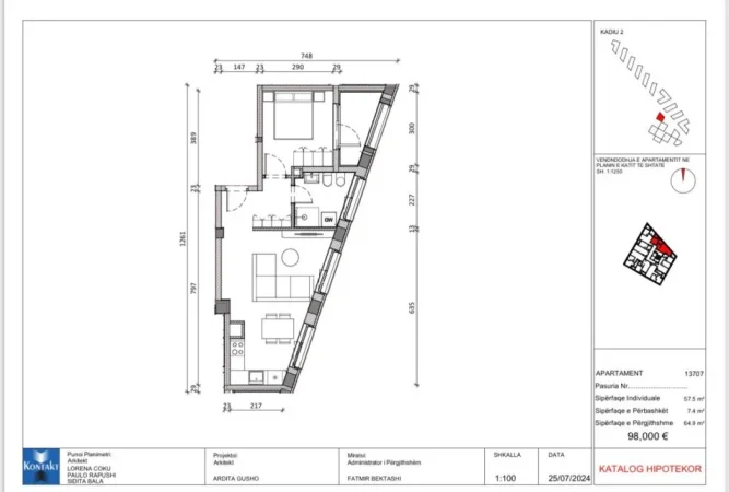 Tirane, shes apartament 1+1+Ballkon Kati 8, 65 m² 980.000 € (Pasho Hysa)