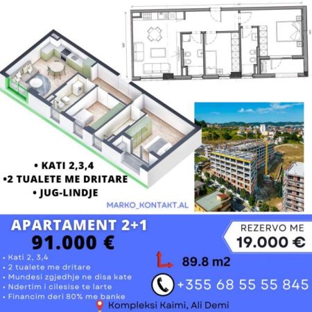 Tirane, shes apartament 2+1+BLK Kati 4, 90 m² 91.000 Euro (Ali Demi)