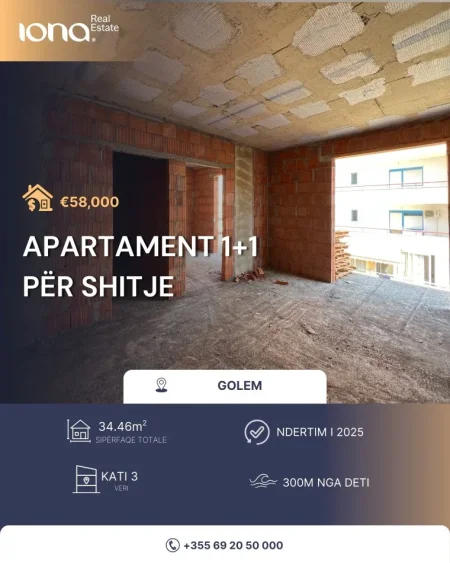 Golem, shitet apartament 1+1 Kati 3, 35 m² 58.000 € 