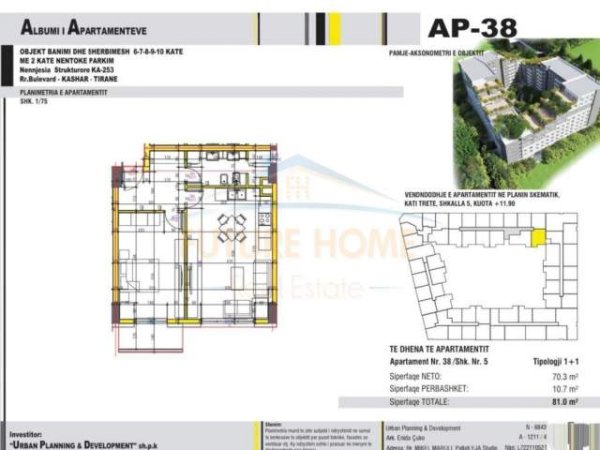 Tirane, shes apartament 1+1+BLK Kati 3, 75 m² 68.850 Euro (Unaza e Re)