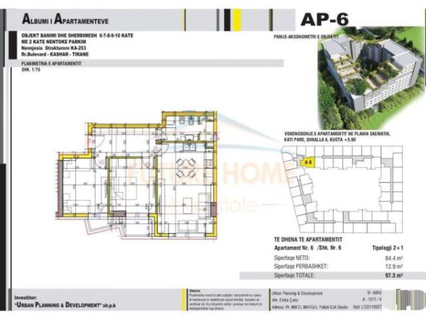 Tirane, shes apartament 2+1+BLK Kati 2, 97 m² 82.700 Euro (Unaza e Re)