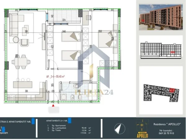 Tirane, shitet apartament 2+1+Ballkon Kati 2, 111 m² 121.506 € (Paskuqan Residenca Apollo)
