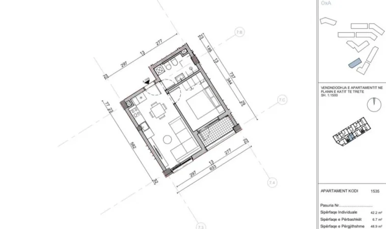 Tirane, shitet apartament 1+1 Kati 3, 49 m² 69.500 € (fresku)