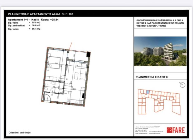 Tirane, shes apartament 1+1 Kati 8, 66 m² 
