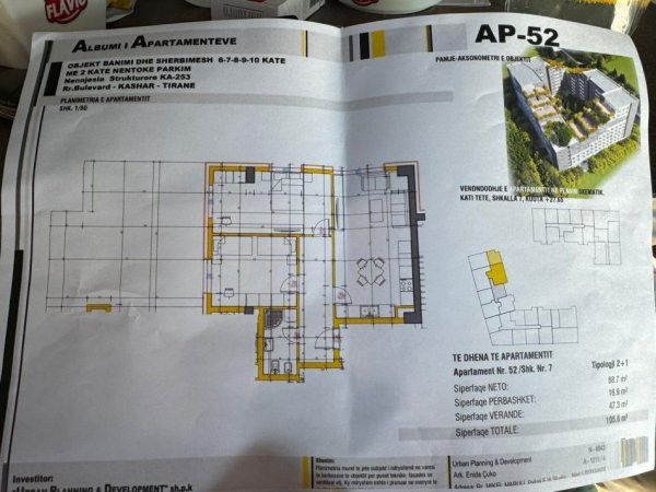 Tirane, shitet apartament 2+1 Kati 8, 105 m² 