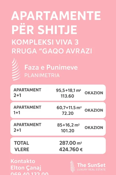 Tirane, shitet apartament 1+1+Ballkon , 73 m² 107.001 € (Tek Viva 3 F.Aviacioni)