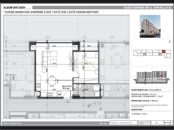 Tirane, shes apartament 1+1 Kati 3, 76 m² 121.920 € (Bulevardi Ri)