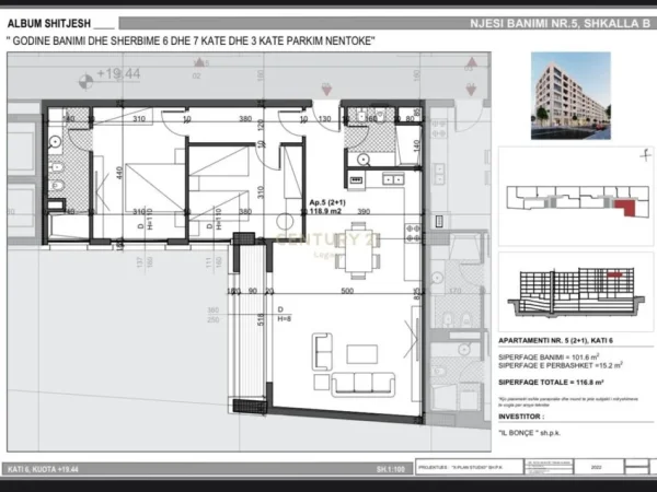 Tirane, shes apartament 2+1 Kati 6, 117 m² 186.880 € (Bulevardi Ri)
