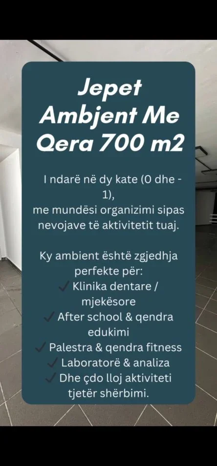 Tirane, jepet me qera ambjent biznesi Kati 0, 700 m² 