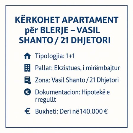 Kërkohet Apartament për Blerje – Vasil Shanto / 21 Dhjetori