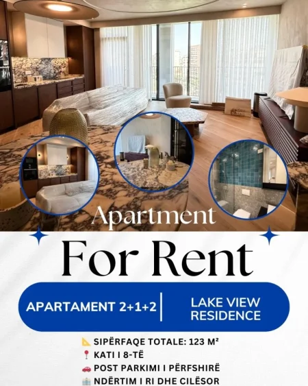 Tirane, jepet me qera apartament 2+1+2+Ballkon Kati 8, 123 m² (Lake View Residences, Rruga e Kosovareve)