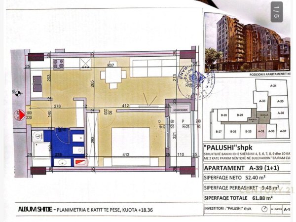 Tirane, shes apartament 1+1 Kati 5, 62 m² 108.290 € (Materniteti Ri)