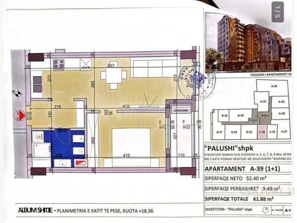 Tirane, shes apartament 1+1 Kati 5, 62 m² 108.290 € (Materniteti Ri)