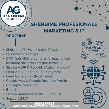 AG IT & Marketing Solutions është e specializuar në ofrimin e shërbimeve të plota të Marketingut Digjital 📈 dhe IT Support 💻
