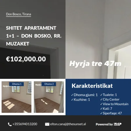 Tirane, shitet apartament 1+1 Kati 7, 47 m² 102.001 € (Don Bosko)