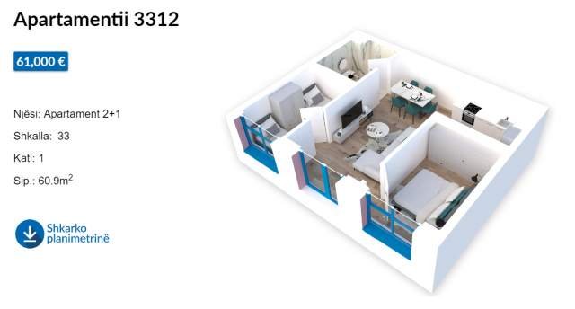 Tirane, shes apartament 2+1 Kati 1, 61 m² 61.000 Euro (Rruga Pasho Hysa)