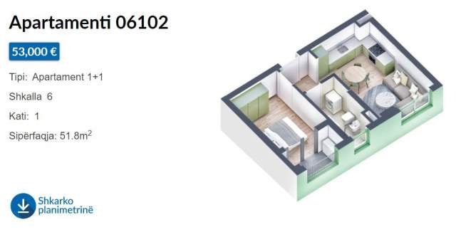 Tirane, shes apartament 1+1+BLK Kati 1, 52 m² 53.000 Euro (Rruga Pasho Hysa)