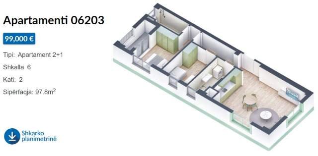Tirane, shes apartament 2+1+BLK Kati 2, 98 m² 99.000 Euro (Rruga Pasho Hysa)