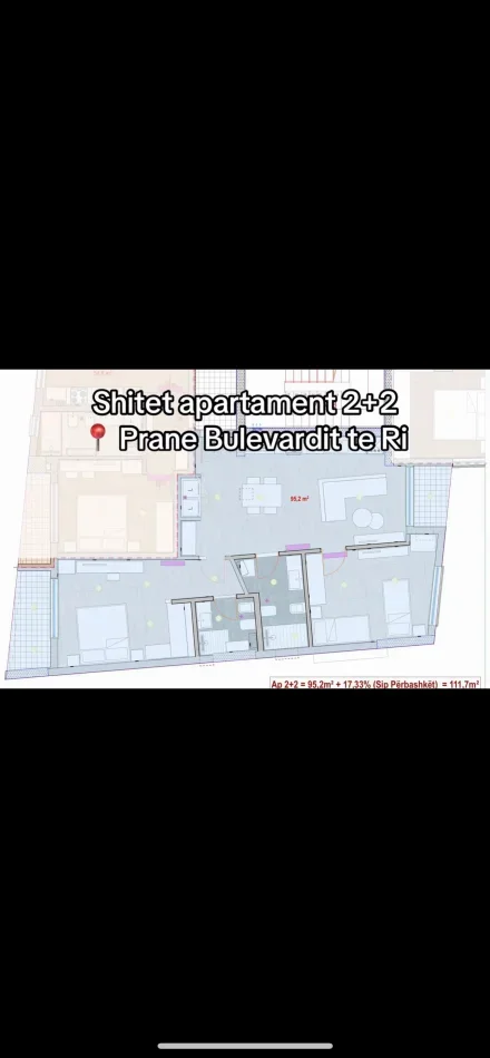 Tirane, shitet apartament 2+1 Kati 2, 111 m² (Rruga Jordan Misja)