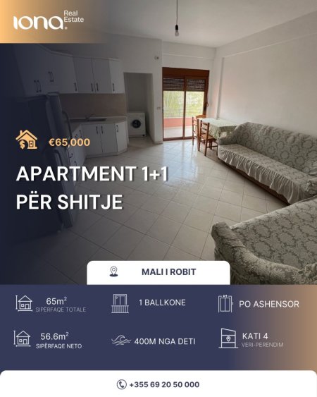 Mali Robit, shitet apartament 1+1 Kati 4, 65 m² 65.000 € 