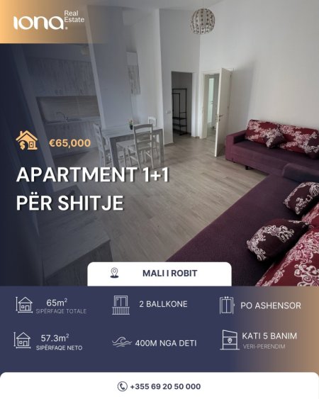 Mali Robit, shitet apartament 1+1 Kati 5, 65 m² 65.000 € 
