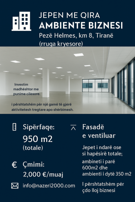 Jepen me qira ambiente biznesi,Pezë Helmes, km 8, Tiranë (rruga kryesore)