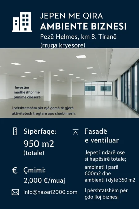 Jepen me qira ambiente biznesi,Pezë Helmes, km 8, Tiranë (rruga kryesore)