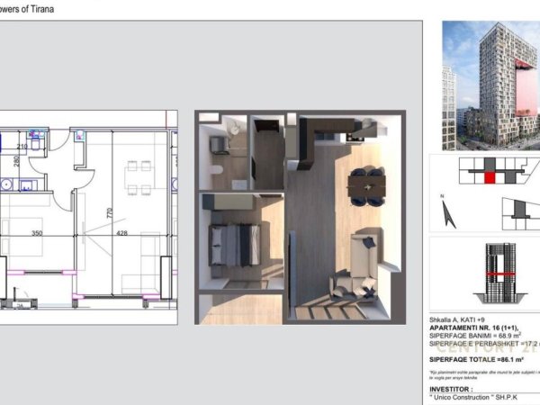 Tirane, shes apartament 1+1 Kati 9, 86 m² 205.000 € (Stadiumi Dinamo)