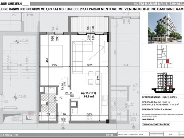 Tirane, shitet apartament 1+1+Ballkon Kati 3, 69 m² 58.800 € 