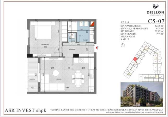 Tirane, shitet apartament 1+1 Kati 5, 73 m² 79.700 € 