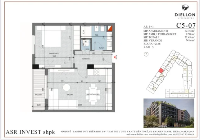 Tirane, shitet apartament 1+1 Kati 5, 73 m² 79.700 € 
