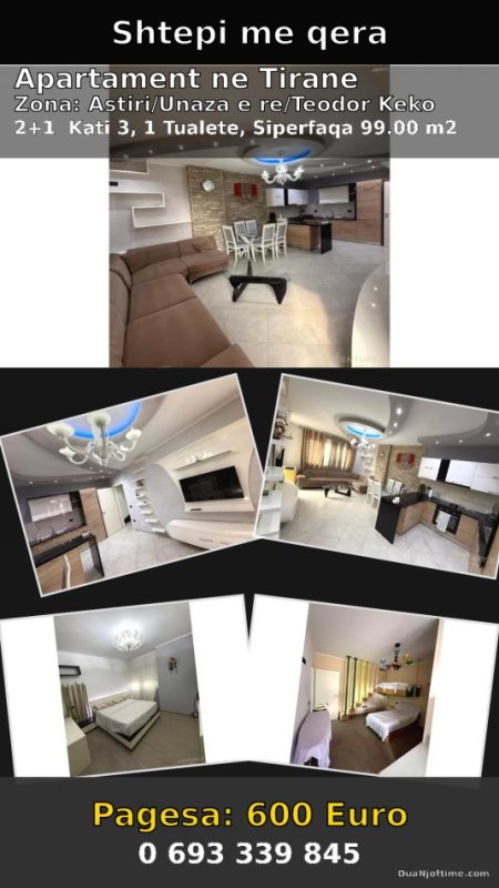 Tirane, jepet me qera apartament 2+1 Kati 3, 99 m² 600 € 