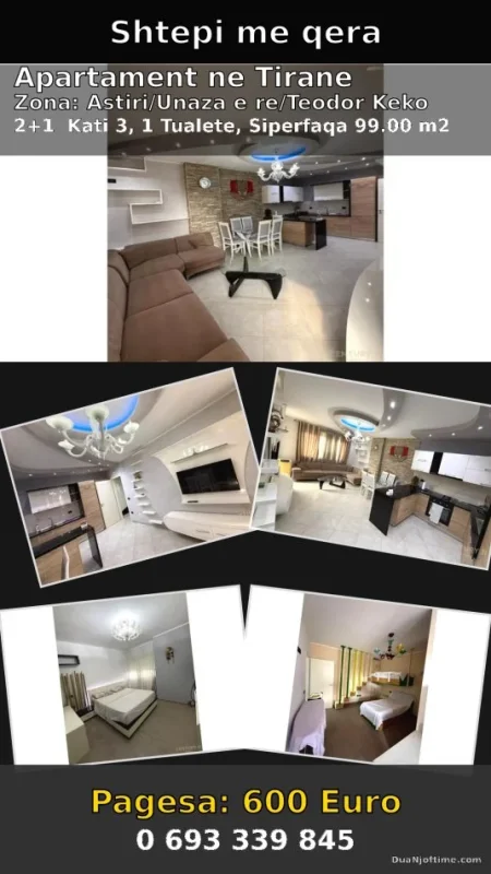 Tirane, jepet me qera apartament 2+1 Kati 3, 99 m² 600 € 