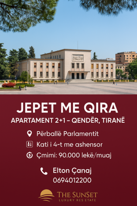 Tirane, jepet me qera apartament 2+1 Kati 4, 70 m² 900 € (Tek Parlamenti)