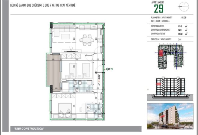 Tirane, shitet apartament 2+1+Ballkon Kati 4, 100 m² 109.571 € (Lidhja e Prizerenit)