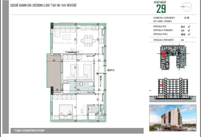Tirane, shitet apartament 2+1+Ballkon Kati 4, 100 m² 109.571 € (Lidhja e Prizerenit)