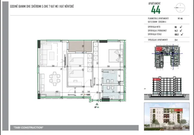 Tirane, shitet apartament 2+1+Ballkon Kati 6, 100 m² 110.220 € (Lidhja e Prizerenit)