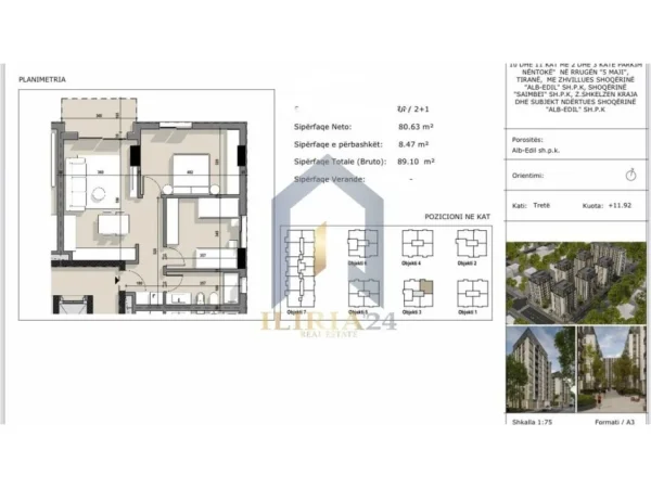 Tirane, shitet apartament 2+1+Ballkon Kati 3, 89 m² 124.740 € (5 Maj)