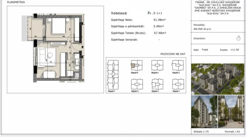 Tirane, shitet apartament 1+1+Ballkon Kati 3, 58 m² 80.472 € (5 maj)