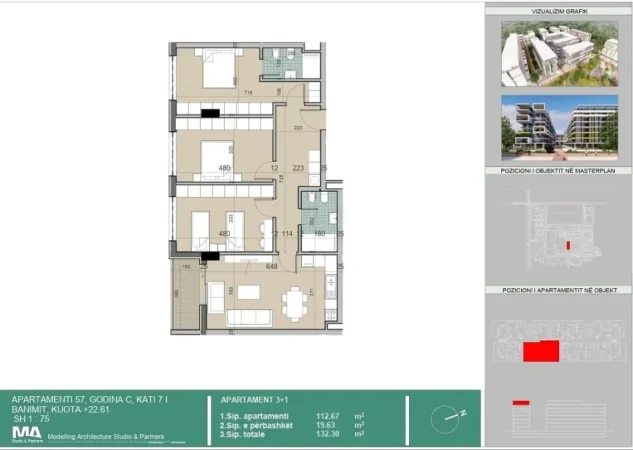 Shqiperi, shitet apartament 3+1+Ballkon Kati 7, 131 m² (Univers City)