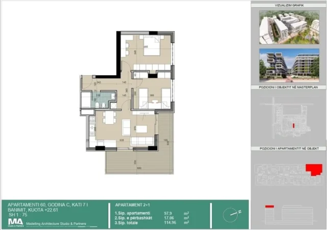 Tirane, shitet apartament 2+1+Ballkon Kati 7, 115 m² (Univers City)