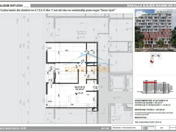 Tirane, shitet apartament 2+1+2+Ballkon Kati 9, 107 m² 153.300 € (ish Fusha e Aviacionit, Mei’s Garden Residence)