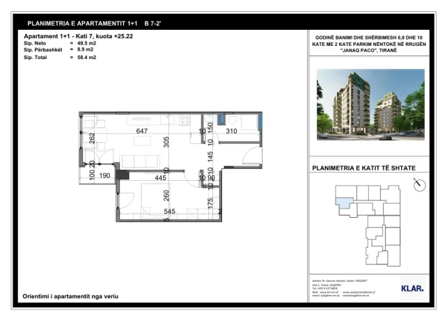 Tirane, shitet apartament 1+1 Kati 7, 99.250 € 
